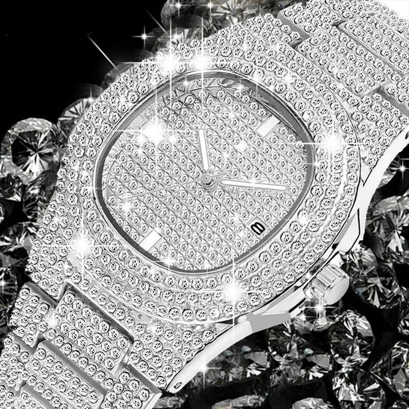 3 Colors 13MM Iced Out Chain Hip Hop Watch Necklace Bracelet Bling Miami Cuban Link Chain Mens Jewelry Set Relojes Hombre