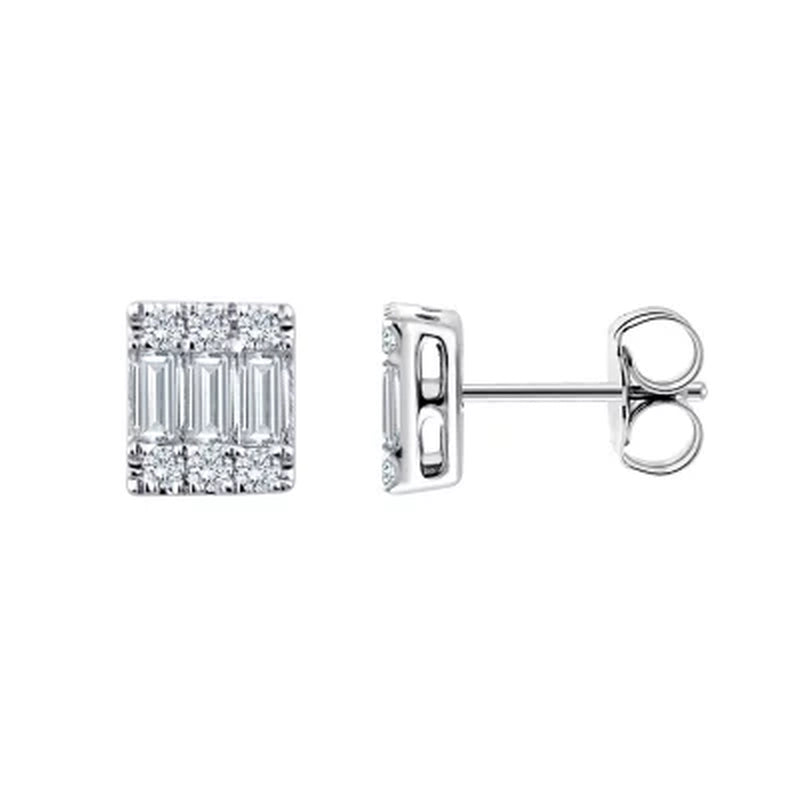 0.17 CT. T.W. Baguette and round Diamond Earrings in 14K White Gold