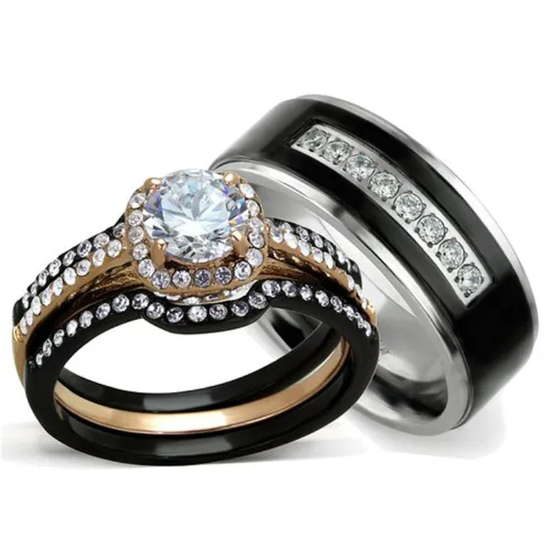His & Hers 3Pc Rose Gold Stainless Steel Wedding Ring Set & Black Titanium Band