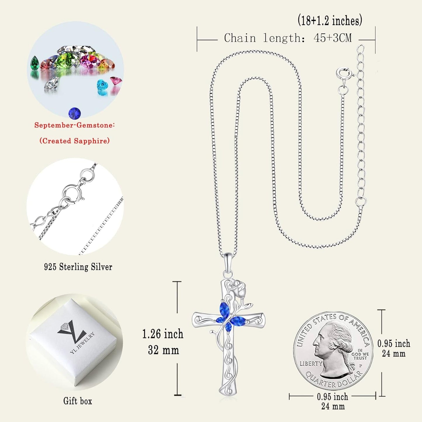 Butterfly Cross Necklace Sterling Silver Cubic Zirconia Rose Pendant Birthstones Crucifix Jewelry for Women