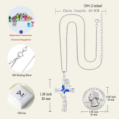 Butterfly Cross Necklace Sterling Silver Rose Flower Pendant Birthstone Jewelry for Women