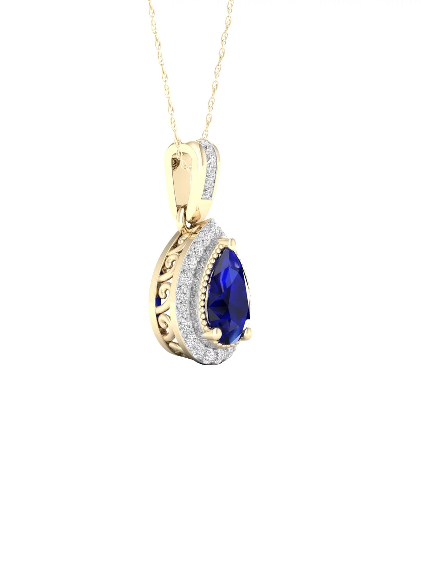 Gemstone 10K Yellow Gold Blue Sapphire 1/10 CT TW Diamond Halo Necklace