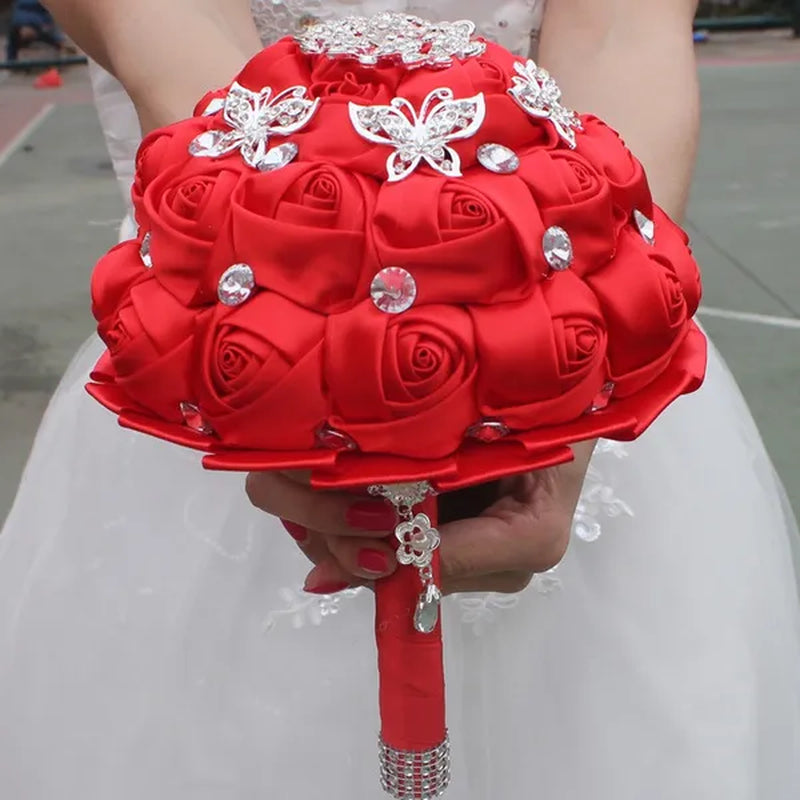 18CM White  Bride Holding Flowers Butterfly Flower Diamond Brooch Wedding Bouquet Bridal Mariage Stitch Wedding Bouquet Ribbon Bridesmaid Bouquet