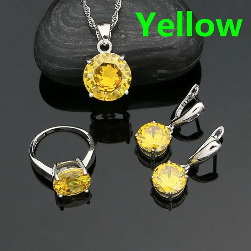 White Topaz 925 Sterling Silver Jewelry Ring Pendant Chain Earrings Set Classic Wedding Jewelry for Women Bride 3pcs