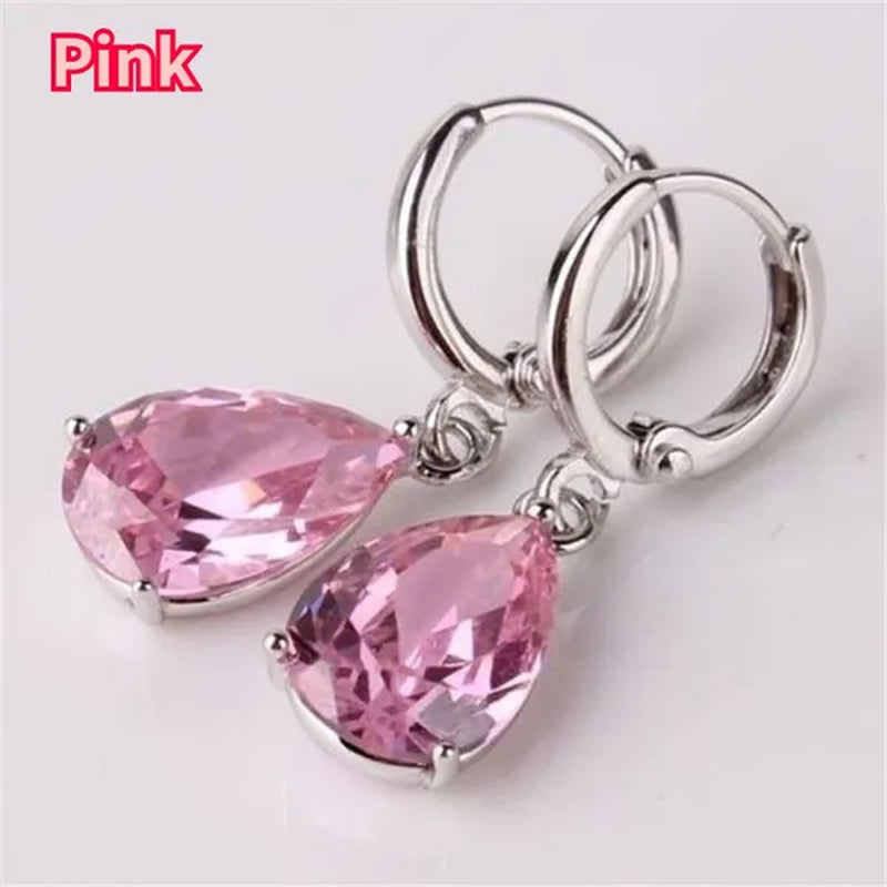 Women Silver Plated Pink Blue Cubic Zirconia Earrings Water Drop Pendant Earrings Bride Wedding Engagement Anniversary Gift Jewelry