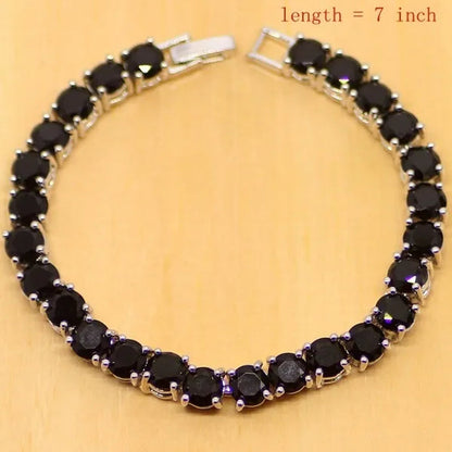 925 Sterling Silver Jewelry Black Sapphire White Topaz round Link Chain Bracelet 7 Inch for Women Wedding Free Gift Box