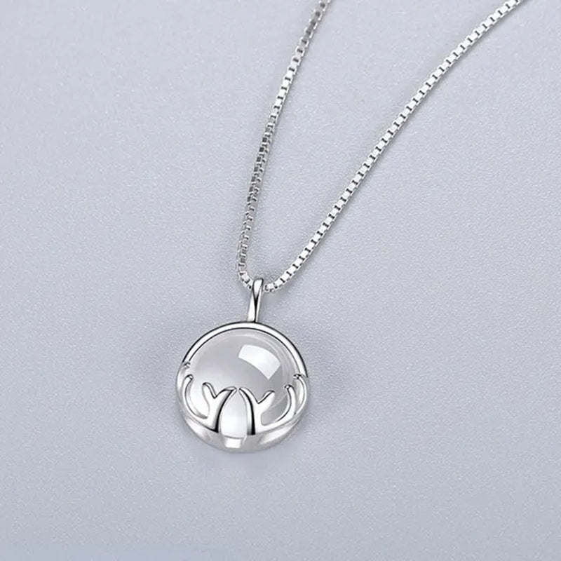 Fine Silver Color  Antlers Shape Bezel Setting Round Cut Moonstone Pendant Necklace for Women Romantic Wedding Jewelry Gift