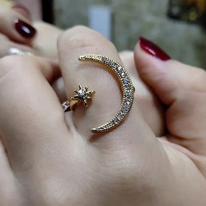Gorgeous Women 925 Sterling Silver Rose Gold Natural Gemstones White Sapphire Diamond Stars Moon Adjustable Open Ring Romantic Wedding Bride Engagement Anniversary Rings Jewelry