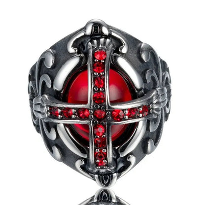 Stainless Steel Fashion Filled Diamond Men Vintage Cross Ruby Ring Jewelry