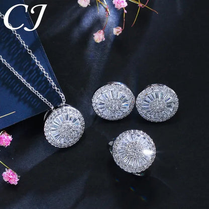 CANDICE Sparkling CZ Stone White Gold Plated 4pcs Wedding Jewelry Sets Round Pendant Necklace Earrings Bracelet Ring Prom Set For Brides