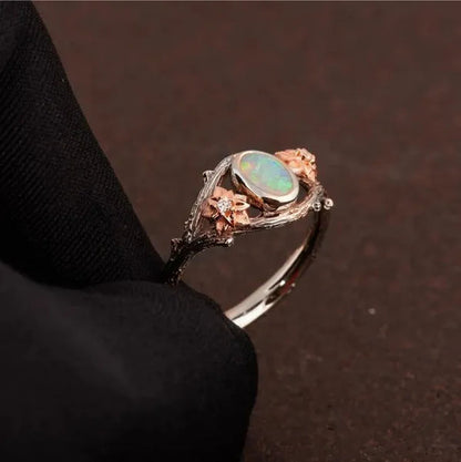 Antique Silver Women'S Vintage Two Tone Silver & Rose Gold Twig and Rose Gold Flowers Opal Ring Anniversary Gift Engagement Bridal Wedding Jewelry Rings Size 5-10