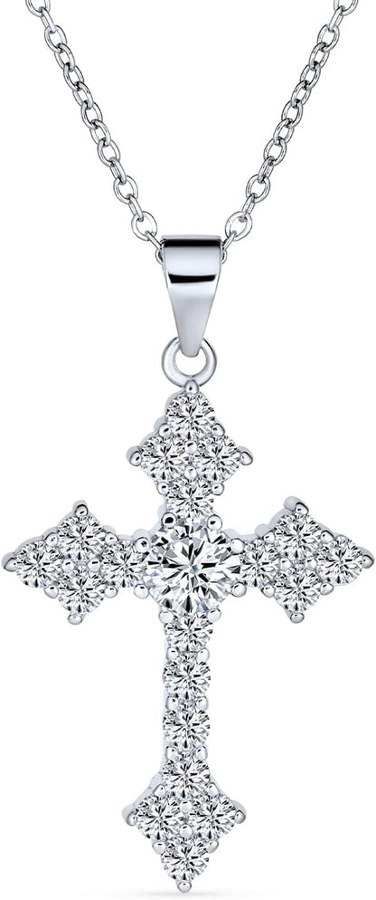 Elegant Bridal Cubic Zirconia Vintage Antique Style Migrain AAA CZ Christian Religious Cross Pendant Necklace for Women Teens .925 Sterling Silver