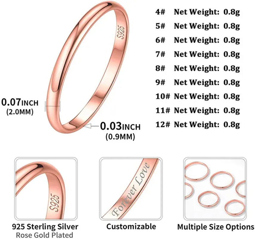 Chicsilver Ring Solid 925 Sterling Silver 2/3Mm Thin Plain Dome High Polish Wedding Band Rings for Him and Her Size 4-12
