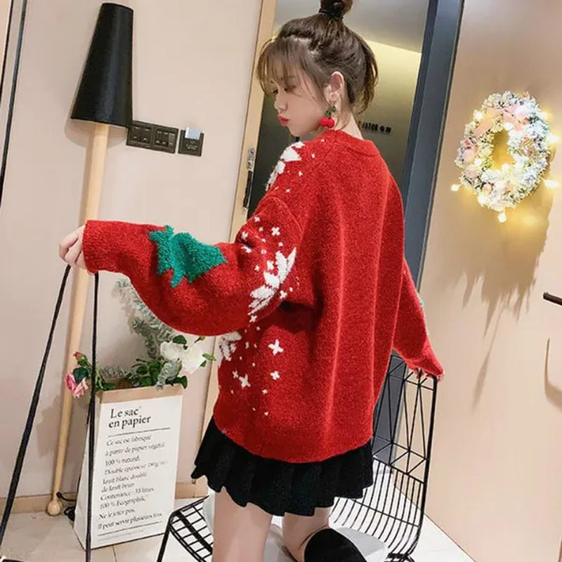 VANGULL Brand Women Christmas Snowflake Pullover Sweater Autumn Winter Thicken Casual Soft Loose round Neck Long Sleeves Knitted Top