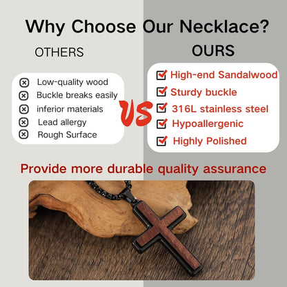 Wooden Cross Necklace for Men, Natural Sandalwood Inlaid with Black Stainless Steel Pendant, Mens Cross Necklaces Including 24 Inch Box Chain. Christmas Gifts for Husbands, Fathers, Sons, and Friends. ﻿