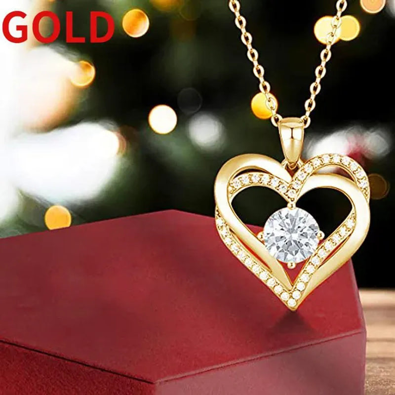 Exquisite Fashion Golded Plated Pave Setting Diamond Double Heart Pendant Necklace for Women Bridal Wedding Romantic Gift