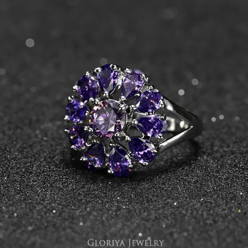 Gloriya Natural Mystic Purple Crystal Ring Cocktail Party Engagement Wedding Ring Silver Plated Jewelry Big Flower Fine Jewelry Women Ring Classic