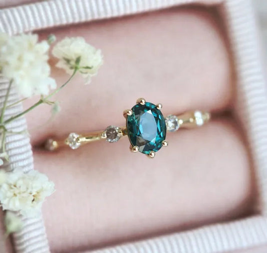 Teal Sapphire Ring, Peacock Engagement Ring, Ceylon Sapphire Diamond Ring, Oval Blue Ring