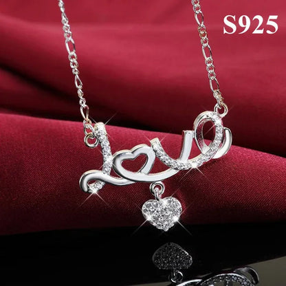 Pretty Women's 925 Sterling Silver Heart Beautiful LOVE Pendant Diamonds Necklace(with Chain)