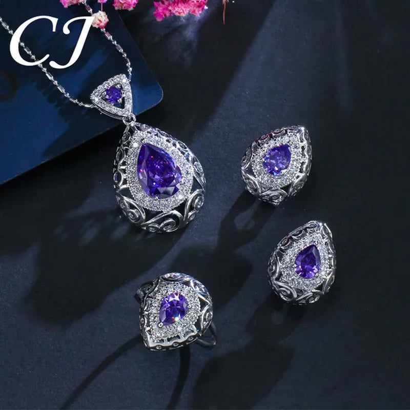 CANDICE Elegant Stamp Sterling Silver Plated Women Jewelry Set Pear Drop Red Cubic Zirconia Necklace Earring Ring 3Pcs Sets