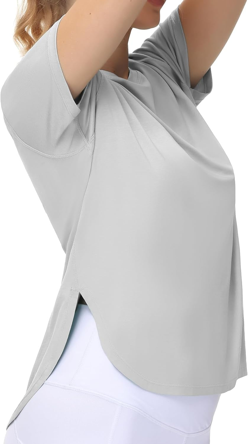 Women'S Workout T-Shirts Loose Fit Short Sleeve Cotton Running Basic Tee Tops with Split Hem