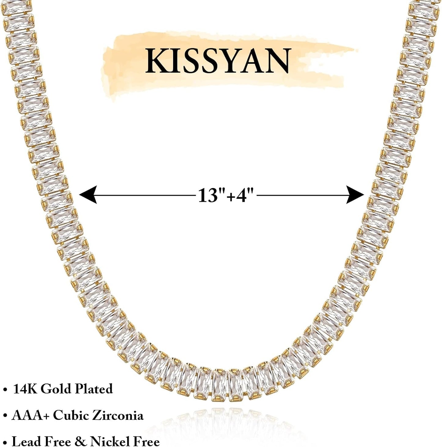 Diamond Tennis Necklace for Women, 14K/White Gold Plated Cubic Zirconia Baguette Tennis Chain Chunky Paperclip Link Cuban Choker Necklace Dainty Jewelry Gifts