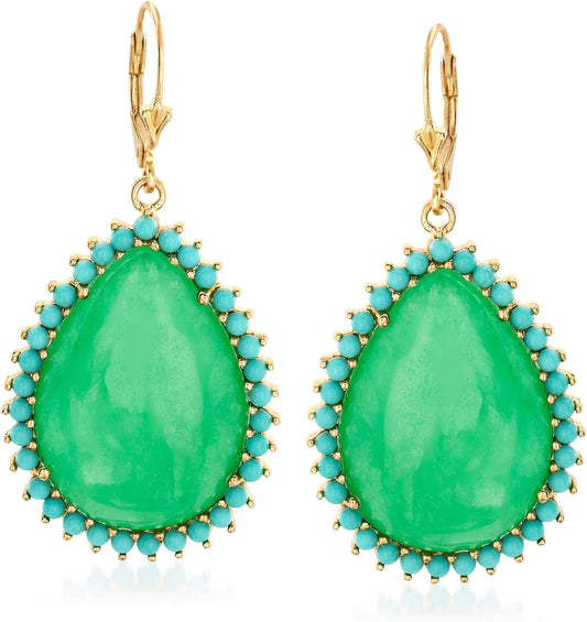 Jade and Simulated Turquoise Drop Earrings in 14Kt Gold over Sterling