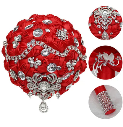 Shiny Luxury Rhinestone Brooch Pendant Wedding Bouquet 21CM Silk Rose Flower Diamond Bridal Bouquet Handmade Bridesmaid Holding Flowers