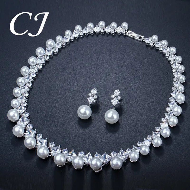 CANDICE High Quality White Gold Plating Square CZ Stone With White Pearl Luxurious Bridal Jewelry Wedding Choker Necklace and Drop Earrings Sets for Brides Dress Accessories