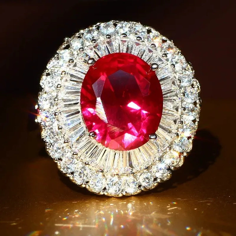 Huge  Silver Ruby & White Sapphire Birthstone Gemstones Engagement Wedding Anniversary Flower Ring