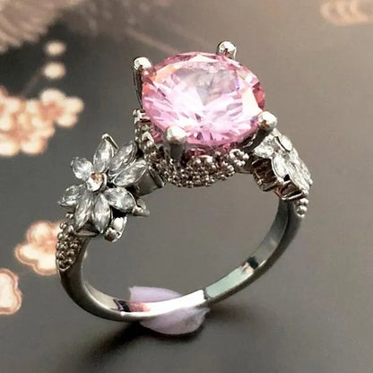 Women 925 Silver Plated Pink CZ Sapphire Wedding Birthstone Bride Flower Jewelry Ring Size 6-10