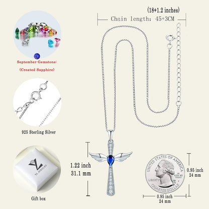 Cross Necklace 925 Sterling Silver Angel Wings Pendant Teardrop Cubic Zirconia Criss Jewelry