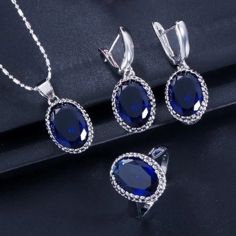 CANDICE Romantic Round Shaped Purple Crystal Sterling Silver Plated Jewelry Set For Party Necklace Earrings Ring Sets（US 6-9)