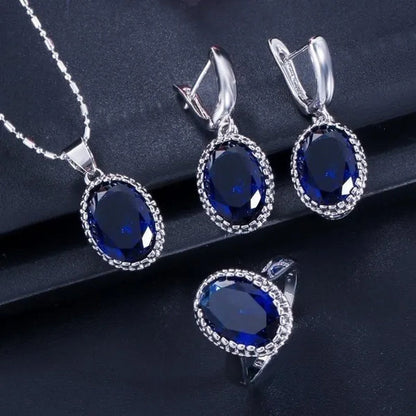 CANDICE Romantic Round Shaped Purple Crystal Sterling Silver Plated Jewelry Set For Party Necklace Earrings Ring Sets（US 6-9)