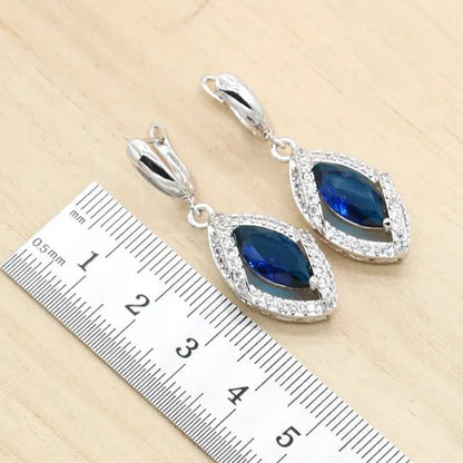 Royal Blue Stones Silver Color Jewelry Sets for Women Necklace Earrings Bracelet Ring Bridal Birthday Gift