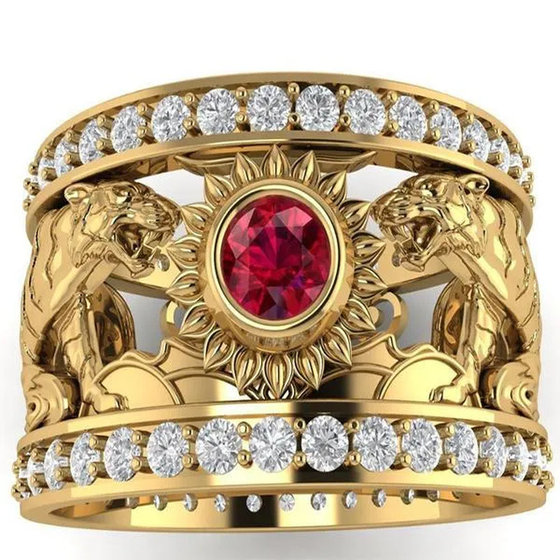 European and American Fashion Men's Exquisite Double Row Natural Gemstone Ruby & White Sapphire Gold Tiger Ring Anniversary Gift Engagement Wedding Band Rings Jewelry Size 6-13