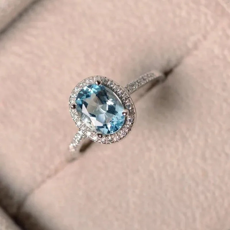 Brilliant Oval Aquamarine White Diamond Halo Ring 18K White Gold Bride Promise Wedding Engagement Jewelry Gifts