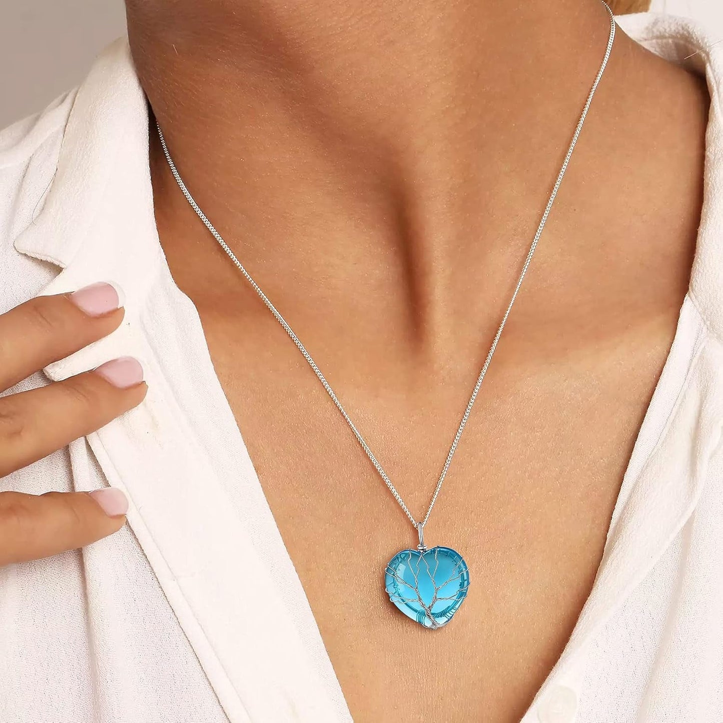 Tree of Life Wrapped Healing Crystal Necklaces 12 Month Birthstone Pendant for Women, Crescent/Heart Gemstone Jewelry, Vintage Birthday Gifts/Energy Gift