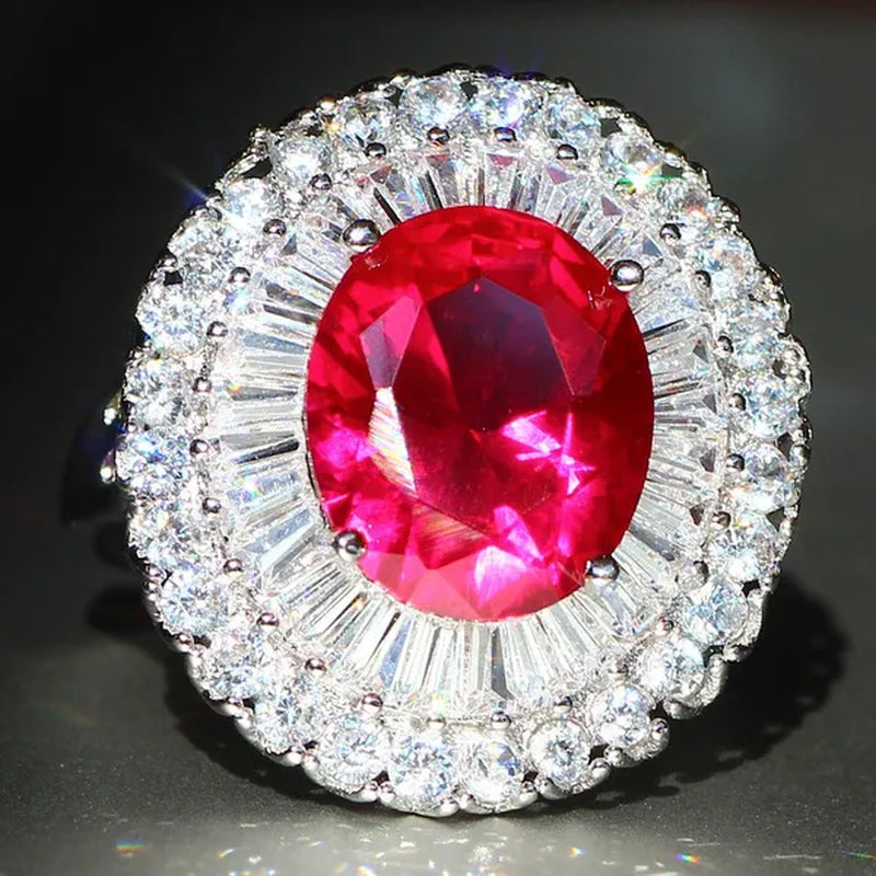Huge  Silver Ruby & White Sapphire Birthstone Gemstones Engagement Wedding Anniversary Flower Ring