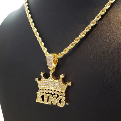 Hip Hop Iced  Lab Diamond CROWNED KING Pendant & 4mm 24" Rope Chain Necklace
