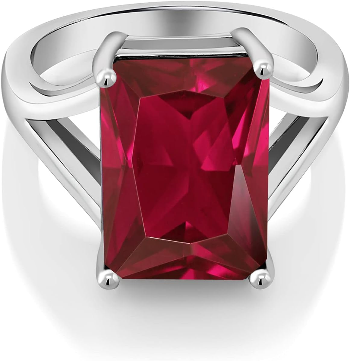 925 Sterling Silver Created Ruby Solitaire Ring for Women (8.00 Cttw, Emerald Cut 14X10MM, Available in Size 5, 6, 7, 8, 9)