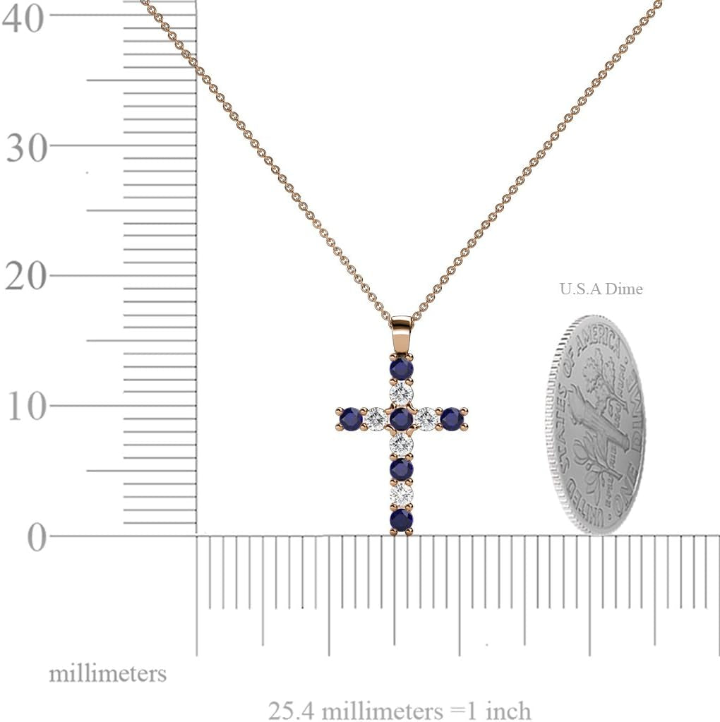 Petite Blue Sapphire & Natural Diamond (SI2-I1,G-H) Cross Pendant 0.34 Ctw 14K Gold. Included 16 Inches 14K Gold Chain.