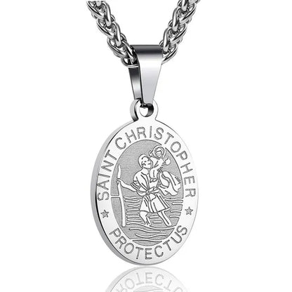 Religious Catholicism Amulet Oval Saint Christopher Necklace for Men Women, 316L Stainless Titanium Steel Catholic Patron Saint of Travellers St Christopher Pendant with Chain 23.6 Inches Black / Silver / Gold
