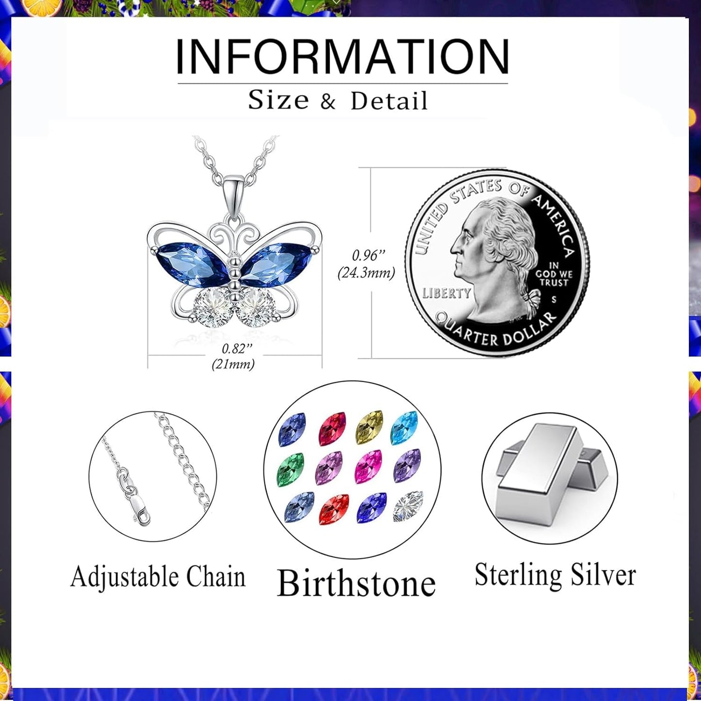 12 Birthstone Butterfly Pendant Necklace for Women Girls 925 Sterling Silver Cubic Zirconia Butterfly Jewelry Christmas Wedding Birthday Gifts for Mom Wife Daughter