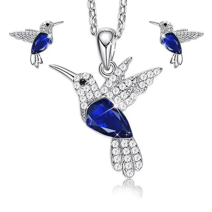 Hummingbird Silver Jewelry Set Women Pendant Necklace and Stud Earring Set Crystalsfine Animal Jewelry, Gift for Mothers Day