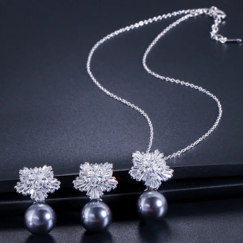 Gloriya High Quality Red Pearl Pendant Necklace Earrings Sets With Sparkling CZ Zirconia Snowflake Christmas Jewelry Set For Women Gifts