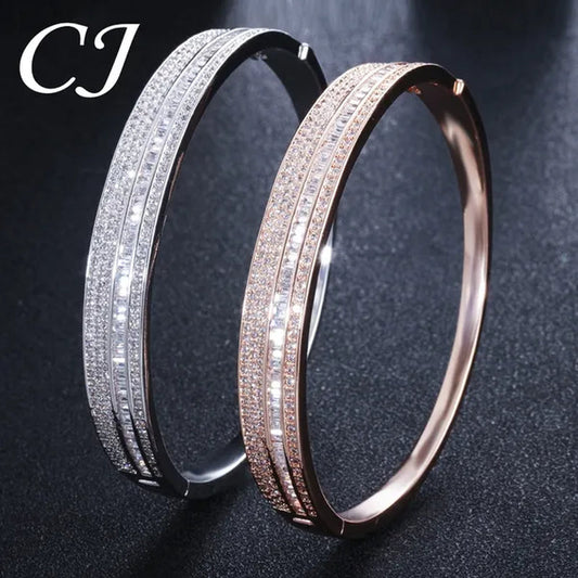 CANDICE New Fashion Simple Unisex Open Bangle Setting Sparkling CZ Stone Rose Gold & White Gold Plated Cuff Bracelet Jewelry for Women Men Couple Gift