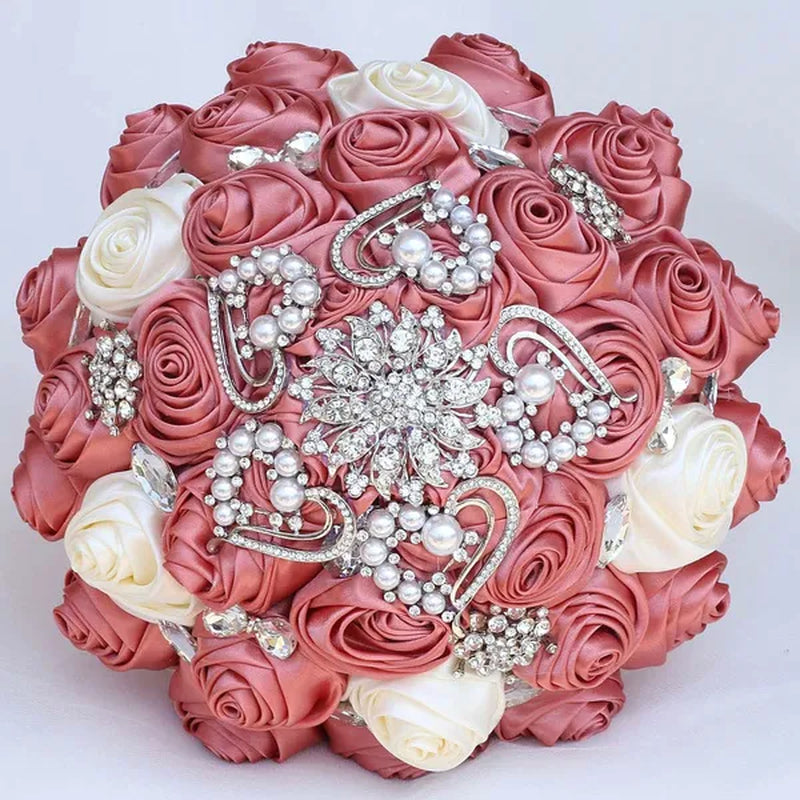 Exquisitely Handmade Ribbon Diamond Bridesmaids Holding Flowers 21CM Pearl Rhinestone Brooch Bridal Bouquet Artificial Silk Rose Wedding Flower Bouquet