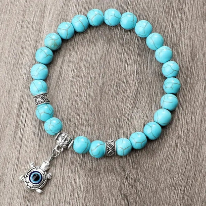 Turkey Evil Eye Beaded Bracelets Butterfly Buddhist Palm Hand Owl Turtle Alloy Pendant Bracelet Women Men Lucky Stretch Bangles Jewelry