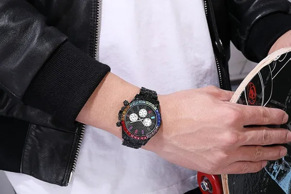 Men Watch Luxury Brand Mens Gold Men Watch Quartz Clock Chronograph Colorful Diamond Steel Iced Out Watch Reloj Hombre